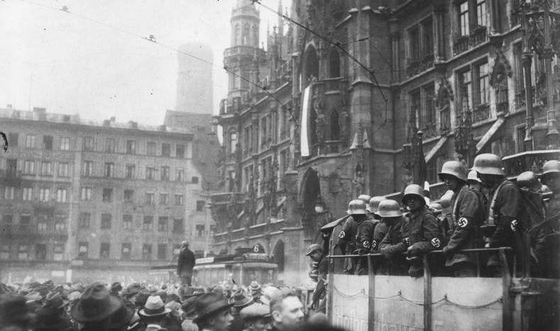 Adolf Hitler attempts to take power with a Putsch in Munich. There is no actual photo of Hitler this day, here is Munich's Marienplatz during the Beer Hall Putsch